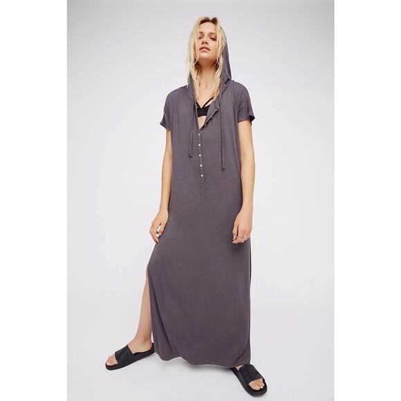 Free People Dresses & Skirts - Free People Beach Size XS Avalon Maxi Dress Gray Ribbed Hooded Pockets Lounge